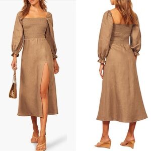 NWT Reformation Gitane Long Sleeve Smocked Linen Midi‎ Dress Khaki Large
